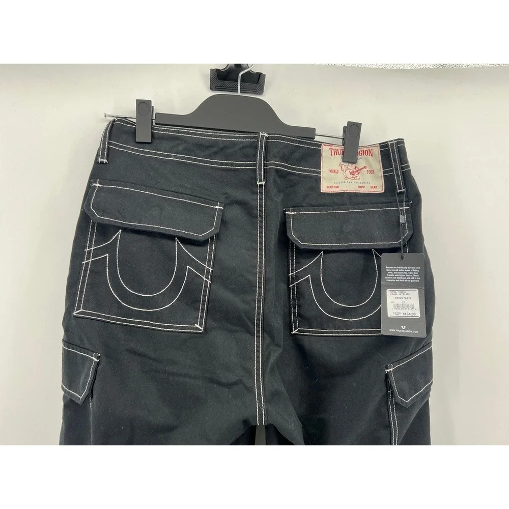 True Religion Mens Jet Black Contrast Stitch Cargo Pants 108335 Size 32 NWT